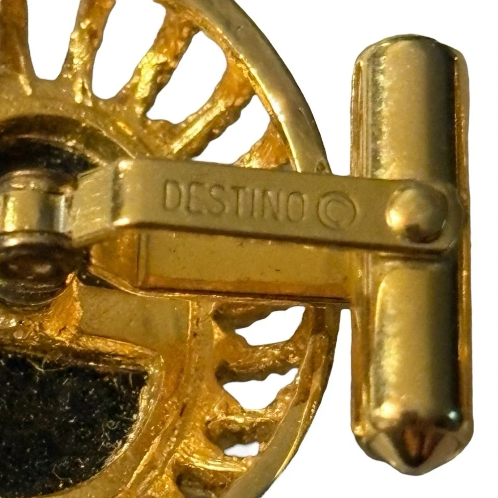 Vintage Destino Cufflinks‎ Black Center Gold Tone Oval Open Work Dome Design MCM